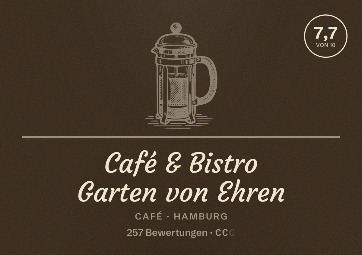 Illustriertes Poster von Café & Bistro Garten von Ehren, Café in Hamburg: Bewertung 7,7 von 10 aus 257 Bewertungen, Preisniveau €€