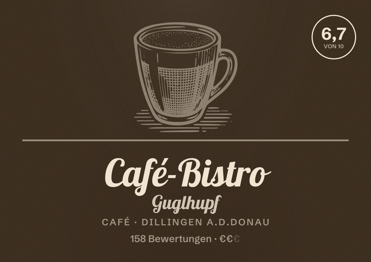 Illustriertes Poster von Café-Bistro Guglhupf, Café in Dillingen a.d.Donau: Bewertung 6,7 von 10 aus 158 Bewertungen, Preisniveau €€