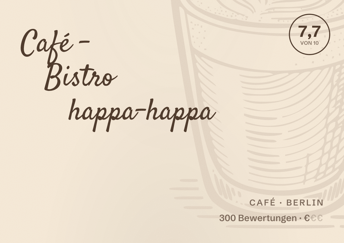 Illustriertes Poster von Café - Bistro happa-happa, Café in Berlin: Bewertung 7,7 von 10 aus 300 Bewertungen, Preisniveau €