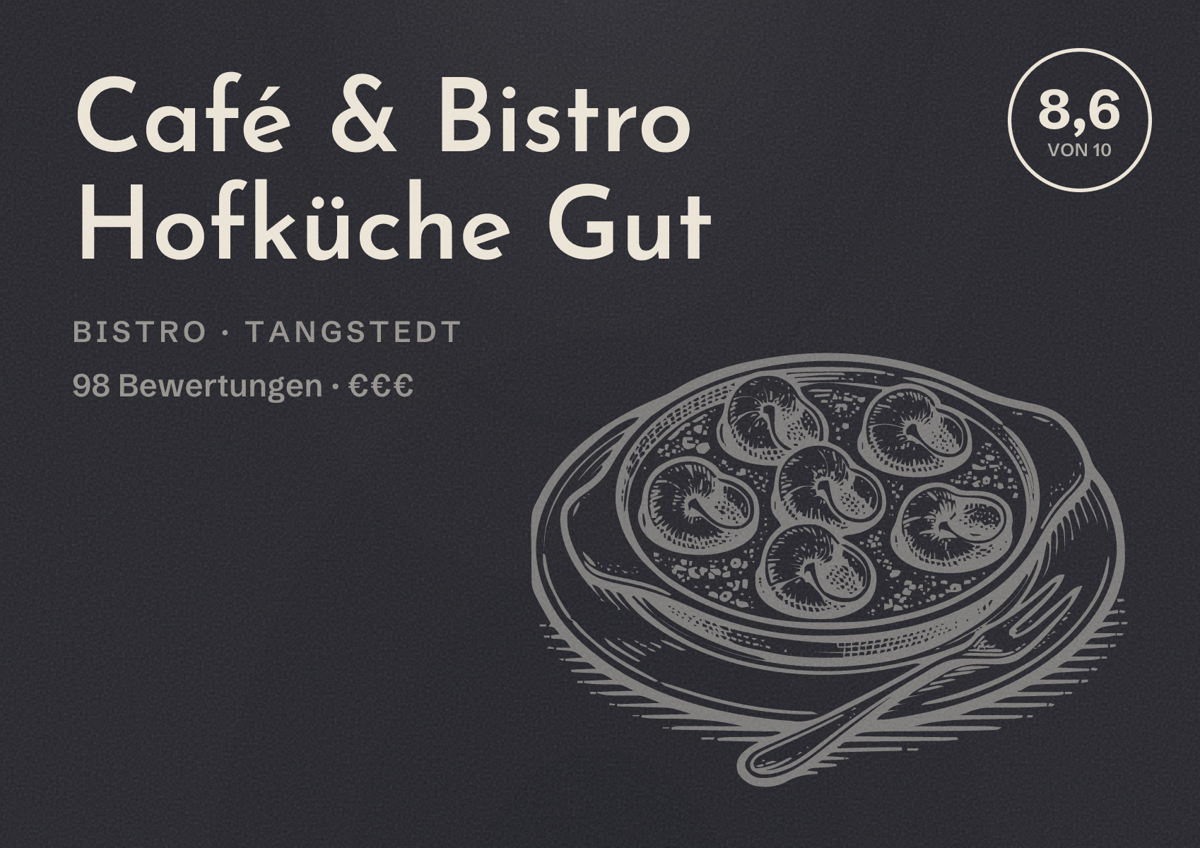 Illustriertes Poster von Café & Bistro Hofküche Gut, Bistro in Tangstedt: Bewertung 8,6 von 10 aus 98 Bewertungen, Preisniveau €€€