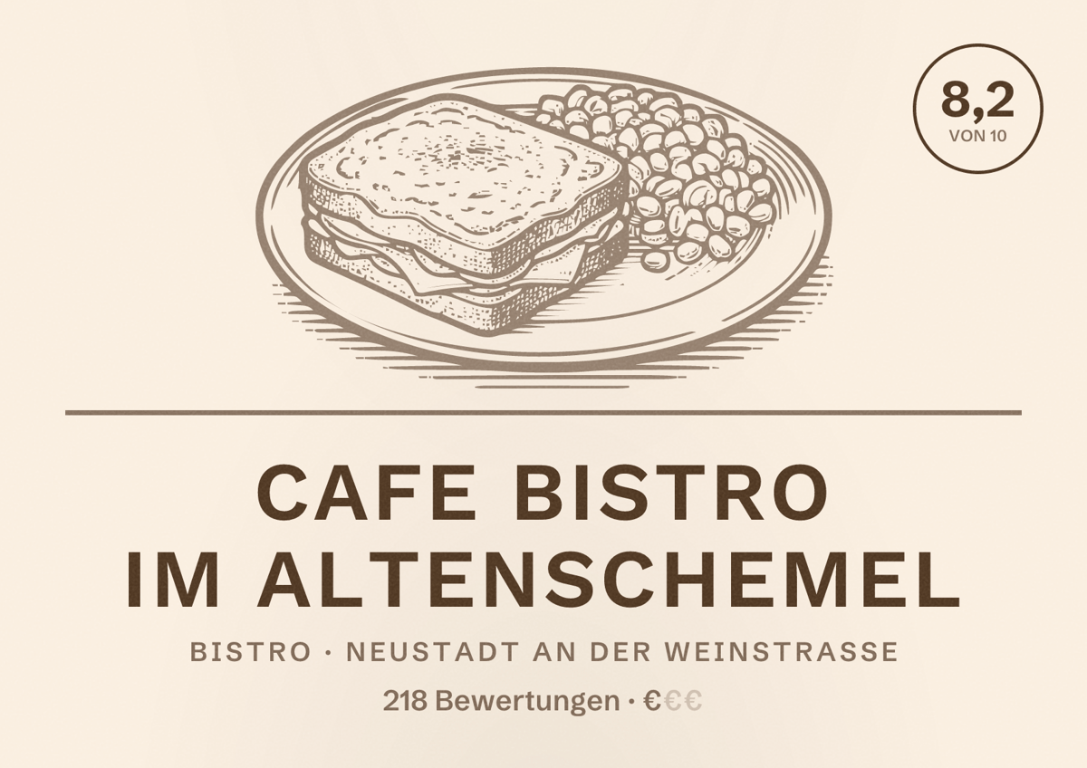 Illustriertes Poster von Cafe Bistro im Altenschemel, Bistro in Neustadt an der Weinstraße: Bewertung 8,2 von 10 aus 218 Bewertungen, Preisniveau €