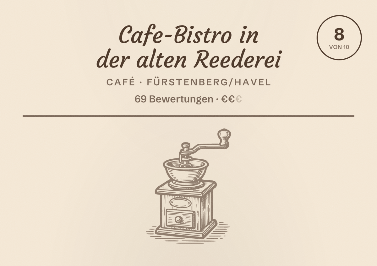 Illustriertes Poster von Cafe-Bistro in der alten Reederei, Café in Fürstenberg/Havel: Bewertung 8 von 10 aus 69 Bewertungen, Preisniveau €€