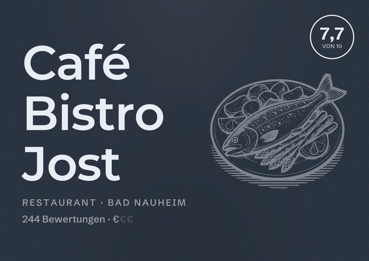 Illustriertes Poster von Café Bistro Jost, Restaurant in Bad Nauheim: Bewertung 7,7 von 10 aus 244 Bewertungen, Preisniveau €