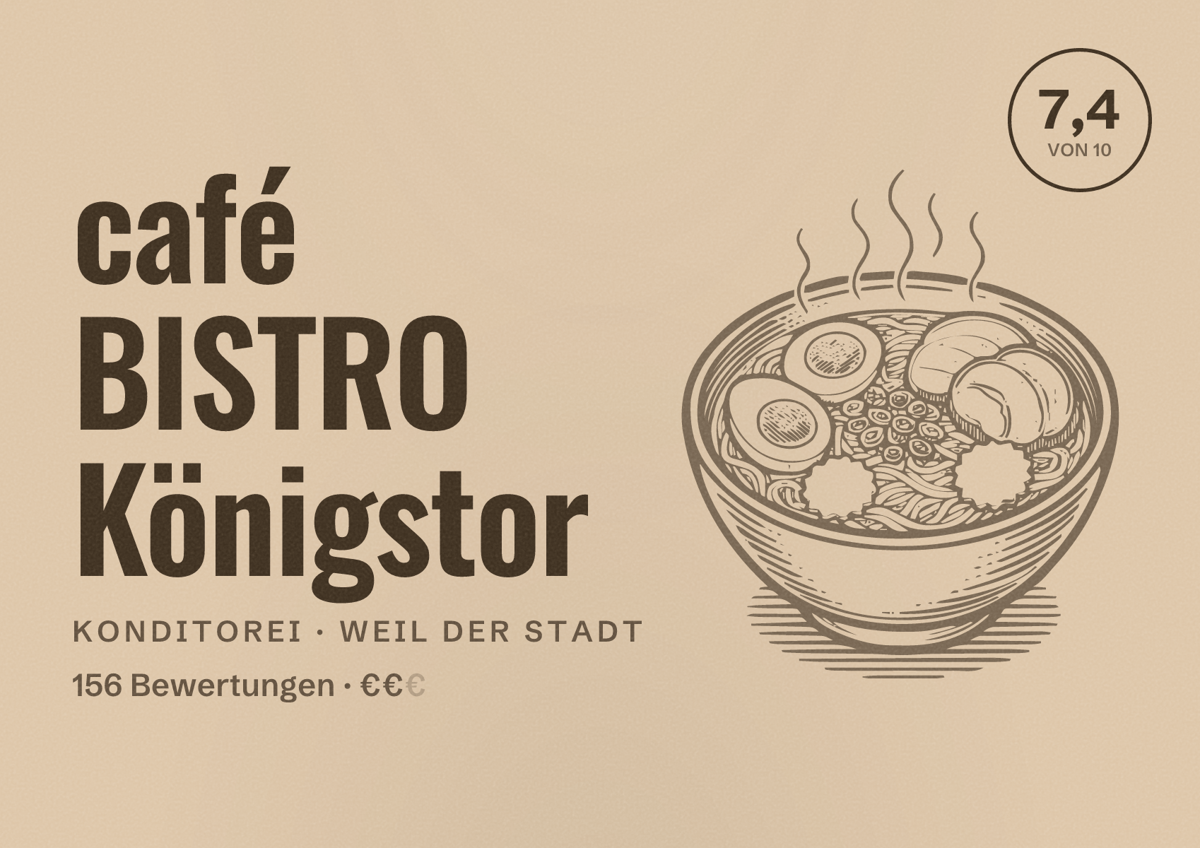 Illustriertes Poster von café BISTRO Königstor, Konditorei in Weil der Stadt: Bewertung 7,4 von 10 aus 156 Bewertungen, Preisniveau €€