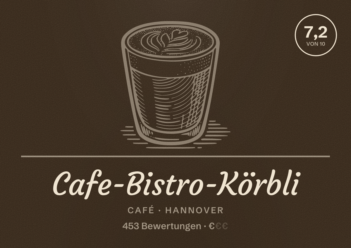 Illustriertes Poster von Cafe-Bistro-Körbli, Café in Hannover: Bewertung 7,2 von 10 aus 453 Bewertungen, Preisniveau €