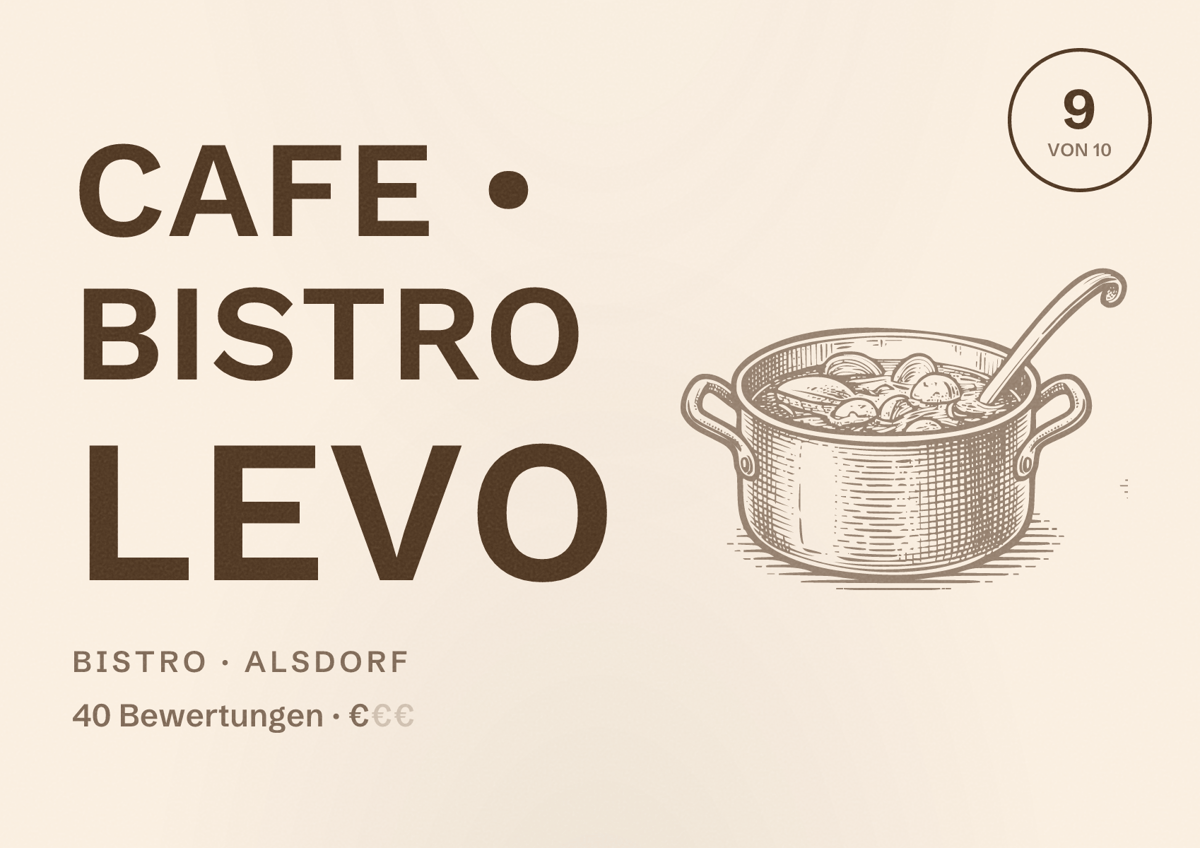 Illustriertes Poster von Cafe • Bistro Levo, Bistro in Alsdorf: Bewertung 9 von 10 aus 40 Bewertungen, Preisniveau €