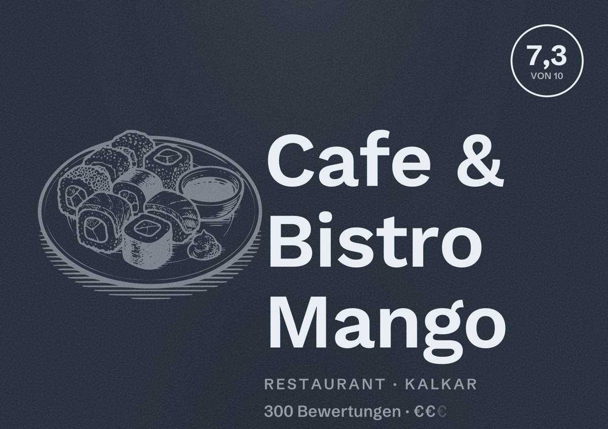 Illustriertes Poster von Cafe & Bistro Mango, Restaurant in Kalkar: Bewertung 7,3 von 10 aus 300 Bewertungen, Preisniveau €€