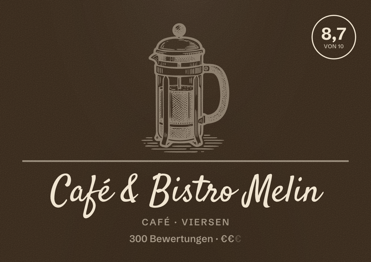 Illustriertes Poster von Café & Bistro Melin, Café in Viersen: Bewertung 8,7 von 10 aus 300 Bewertungen, Preisniveau €€