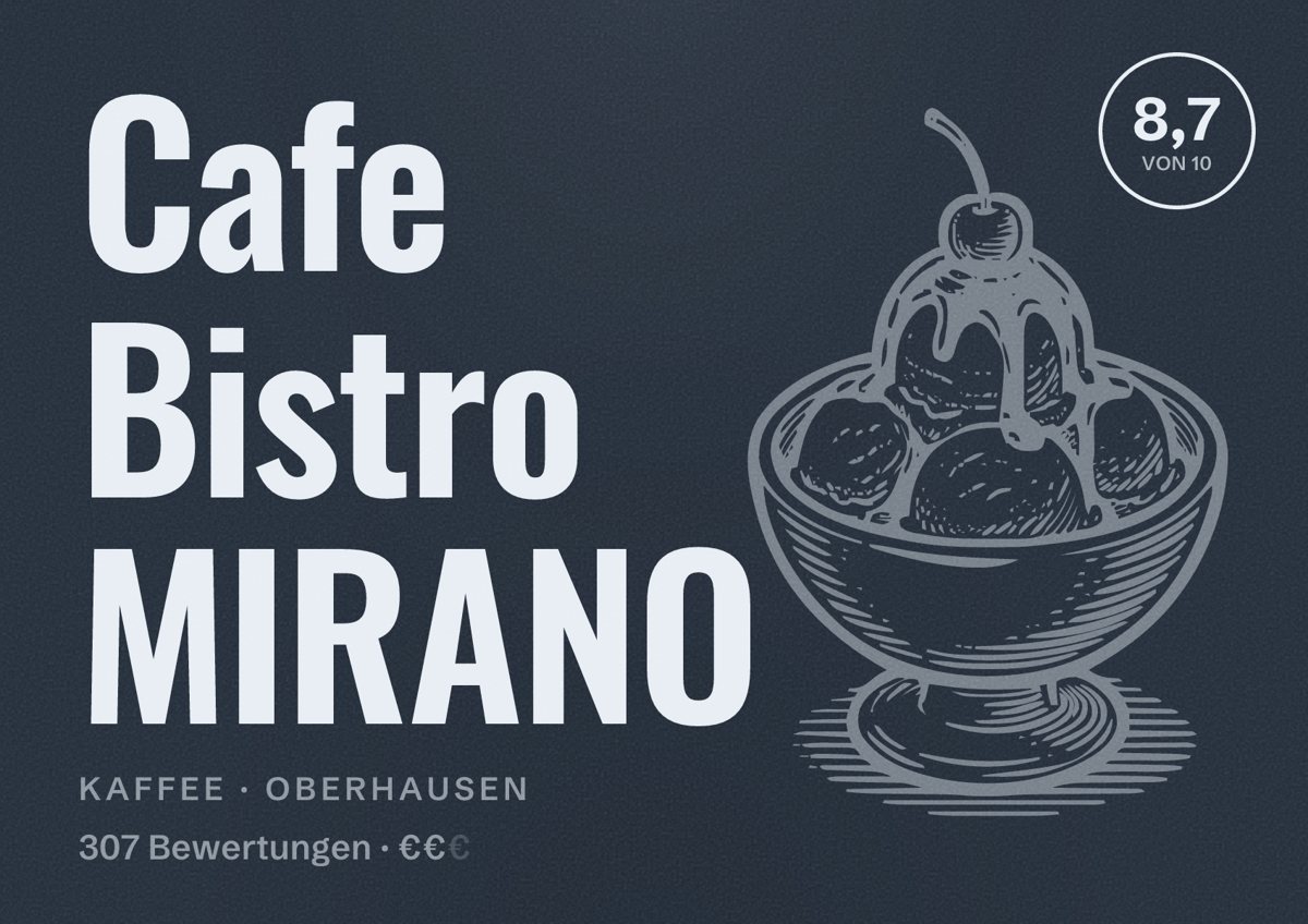 Illustriertes Poster von Cafe Bistro MIRANO, Kaffee in Oberhausen: Bewertung 8,7 von 10 aus 307 Bewertungen, Preisniveau €€