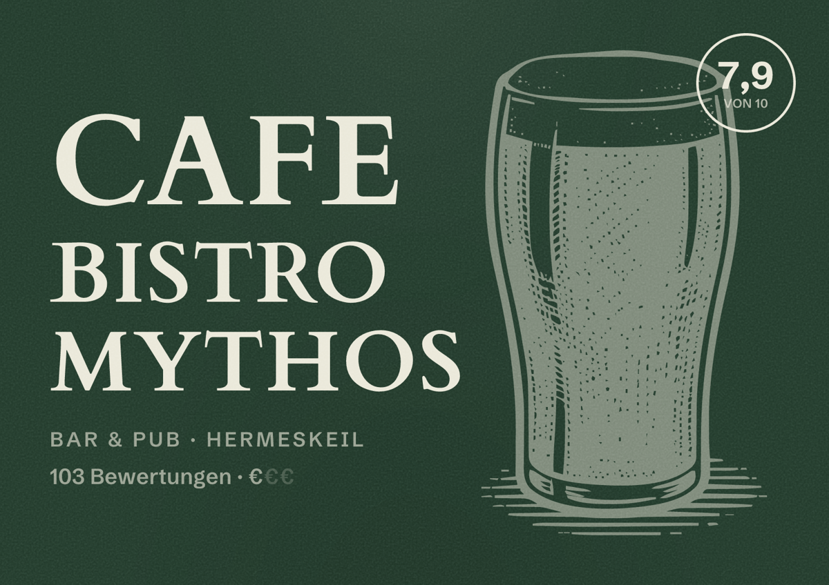 Illustriertes Poster von Cafe Bistro Mythos, Bar & Pub in Hermeskeil: Bewertung 7,9 von 10 aus 103 Bewertungen, Preisniveau €