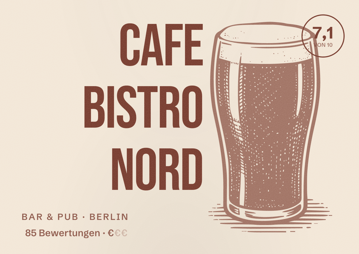 Illustriertes Poster von Cafe Bistro Nord, Bar & Pub in Berlin: Bewertung 7,1 von 10 aus 85 Bewertungen, Preisniveau €