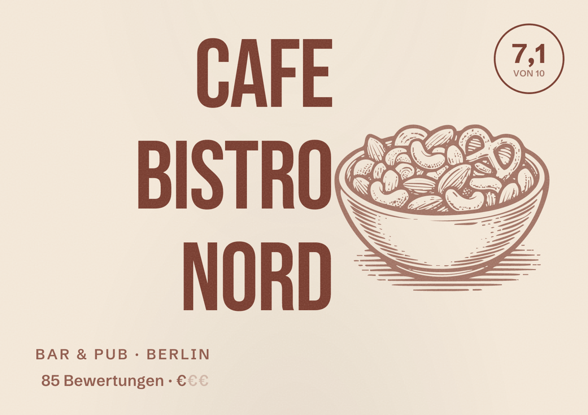 Illustriertes Poster von Cafe Bistro Nord, Bar & Pub in Berlin: Bewertung 7,1 von 10 aus 85 Bewertungen, Preisniveau €