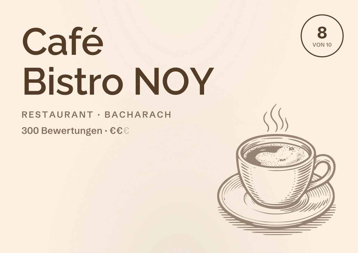 Illustriertes Poster von Café Bistro NOY, Restaurant in Bacharach: Bewertung 8 von 10 aus 300 Bewertungen, Preisniveau €€