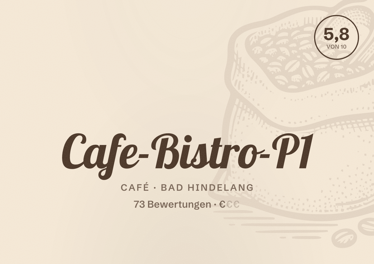 Illustriertes Poster von Cafe-Bistro-P1, Café in Bad Hindelang: Bewertung 5,8 von 10 aus 73 Bewertungen, Preisniveau €