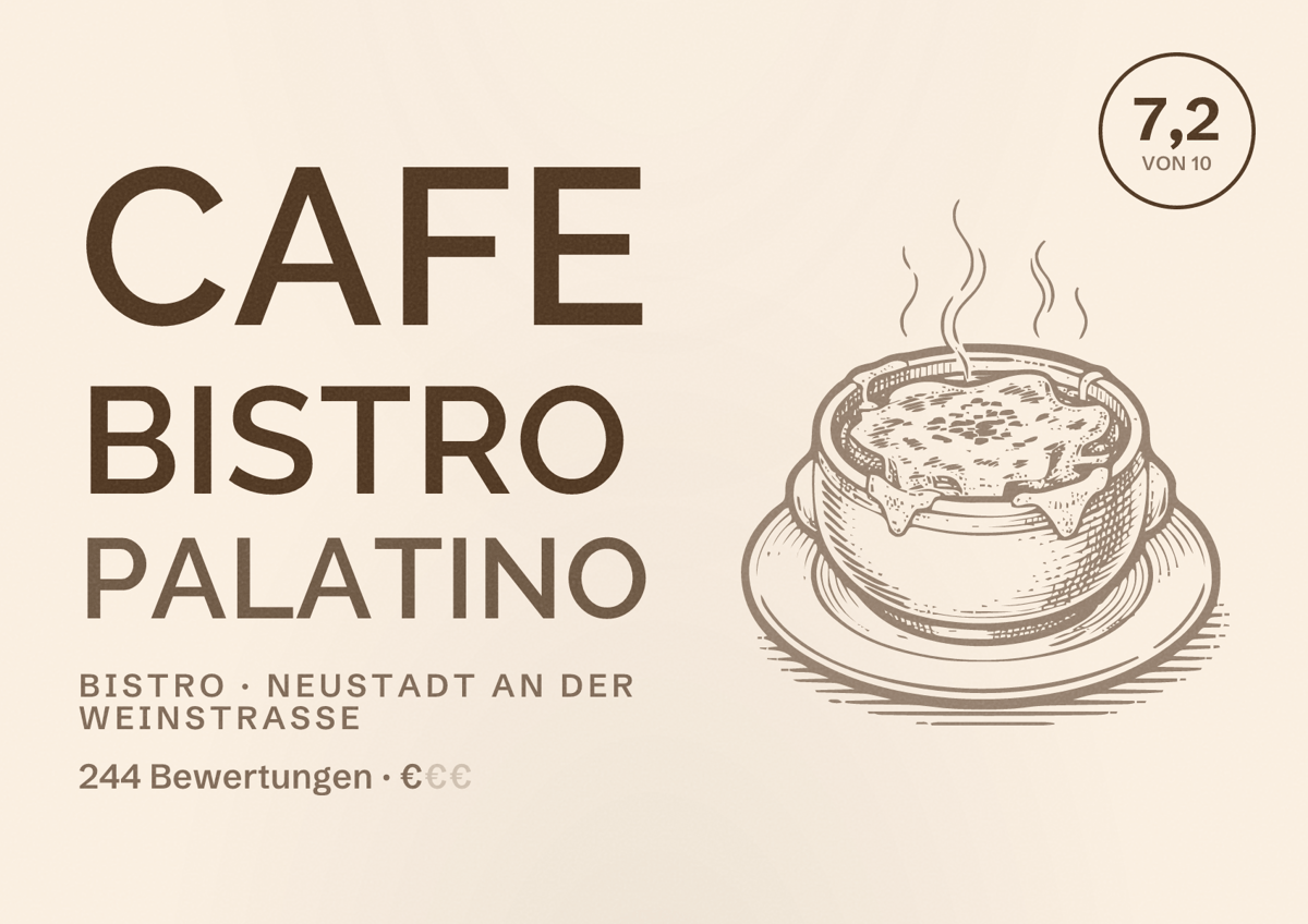 Illustriertes Poster von Cafe Bistro Palatino, Bistro in Neustadt an der Weinstraße: Bewertung 7,2 von 10 aus 244 Bewertungen, Preisniveau €