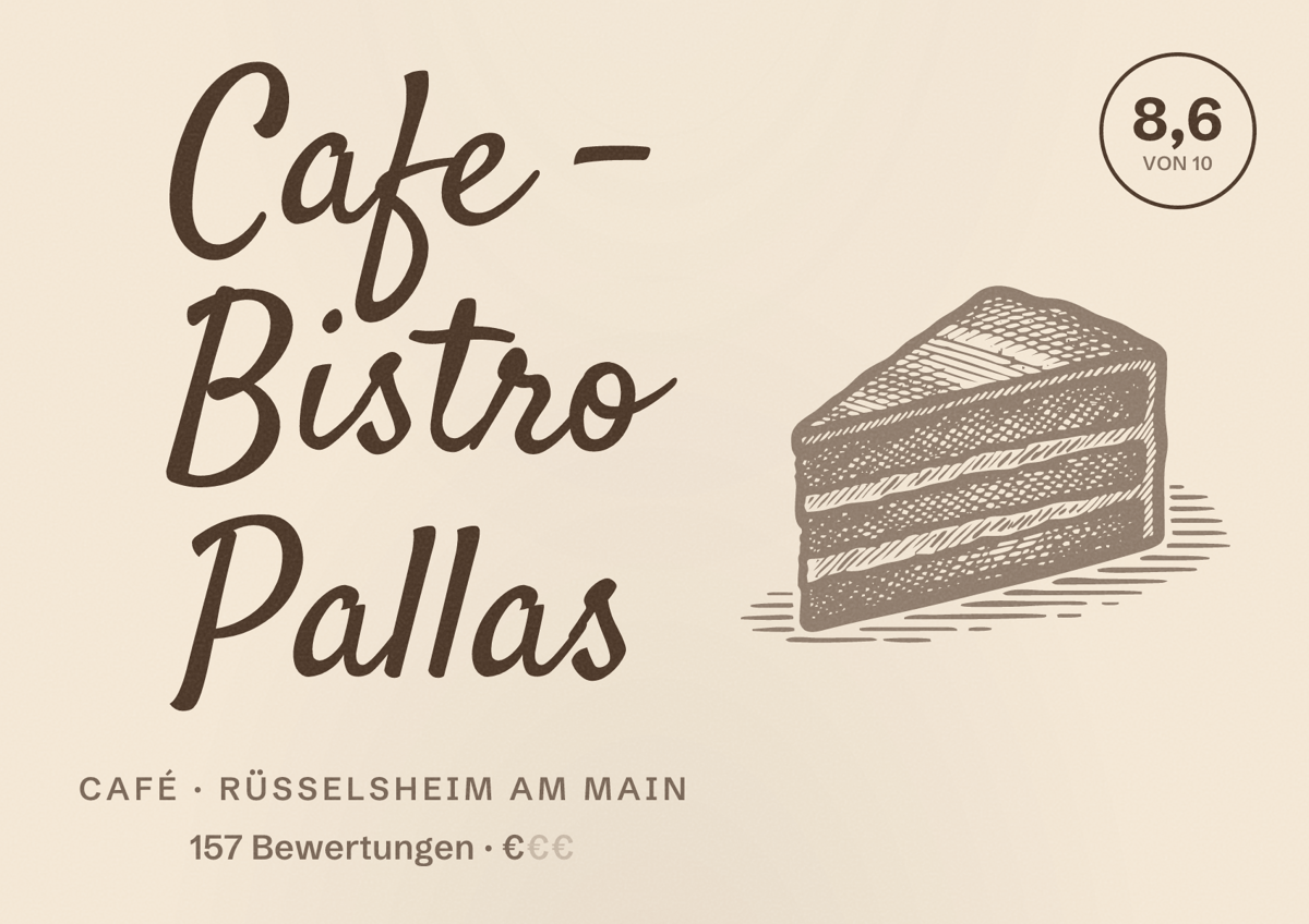 Illustriertes Poster von Cafe - Bistro Pallas, Café in Rüsselsheim am Main: Bewertung 8,6 von 10 aus 157 Bewertungen, Preisniveau €
