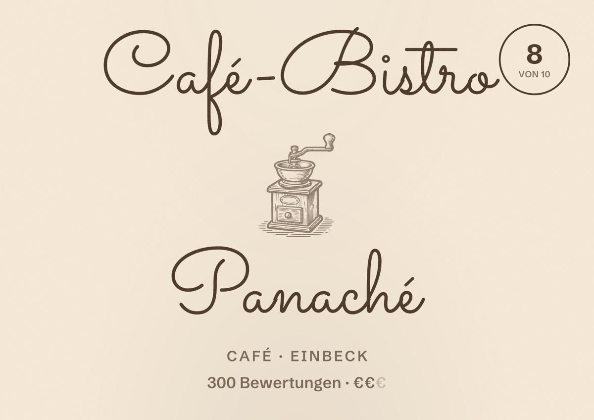 Illustriertes Poster von Café-Bistro Panaché, Café in Einbeck: Bewertung 8 von 10 aus 300 Bewertungen, Preisniveau €€