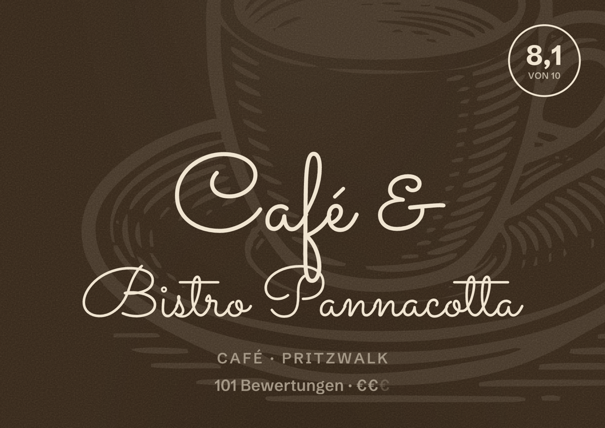 Illustriertes Poster von Café & Bistro Pannacotta, Café in Pritzwalk: Bewertung 8,1 von 10 aus 101 Bewertungen, Preisniveau €€