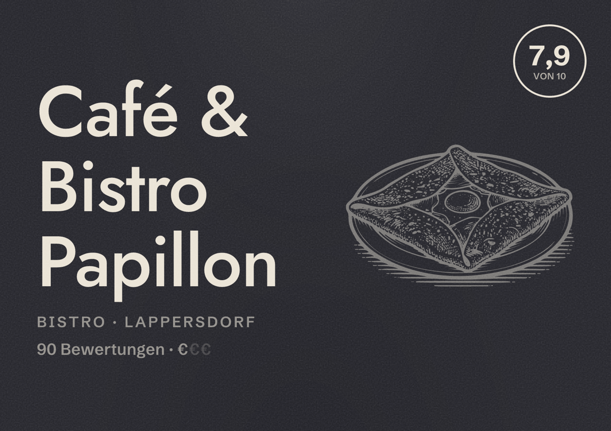Illustriertes Poster von Café & Bistro Papillon, Bistro in Lappersdorf: Bewertung 7,9 von 10 aus 90 Bewertungen, Preisniveau €