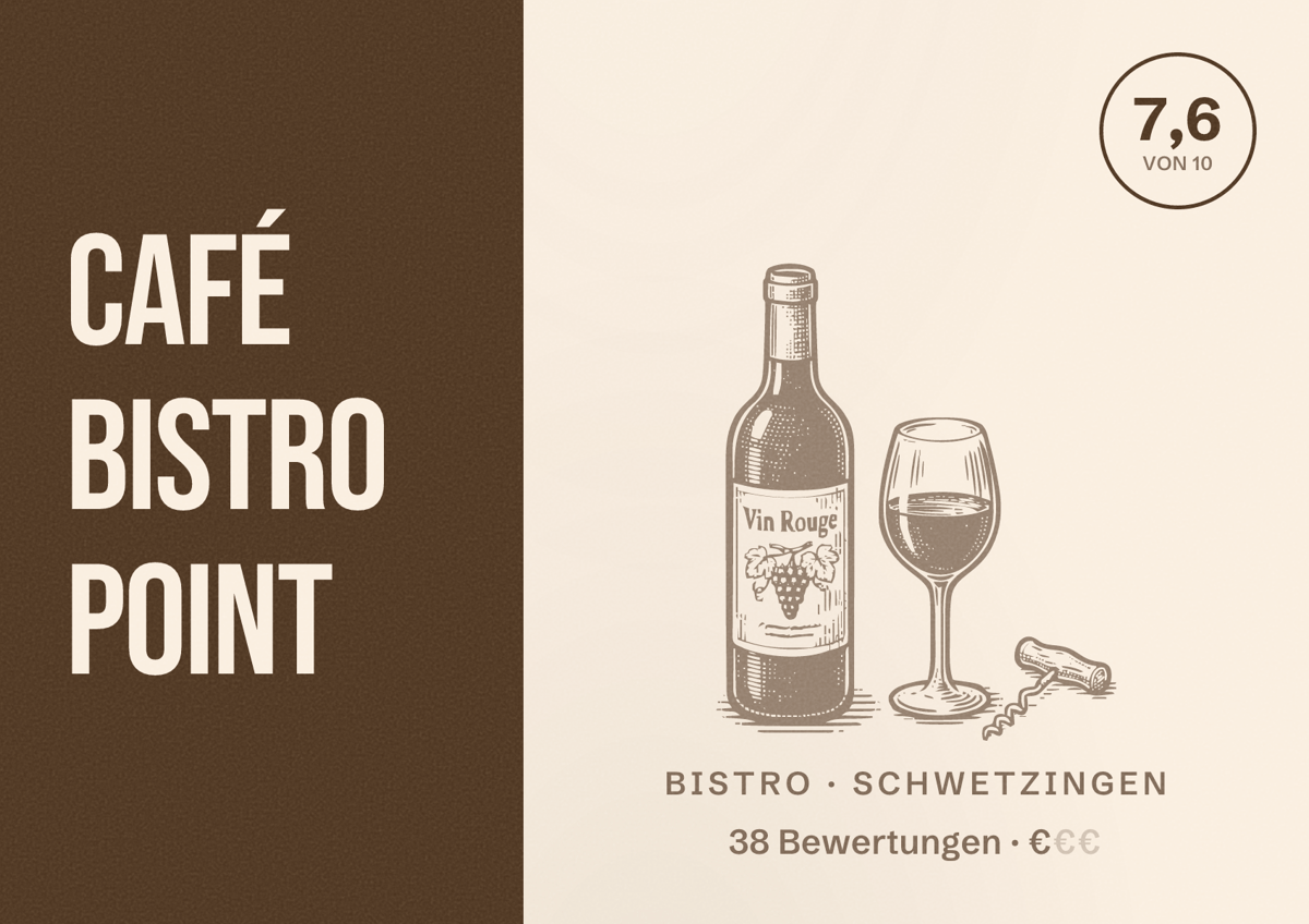 Illustriertes Poster von Café Bistro Point, Bistro in Schwetzingen: Bewertung 7,6 von 10 aus 38 Bewertungen, Preisniveau €