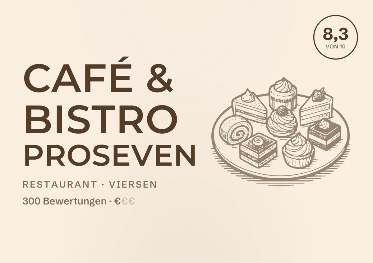 Illustriertes Poster von Café & Bistro ProSeven, Restaurant in Viersen: Bewertung 8,3 von 10 aus 300 Bewertungen, Preisniveau €