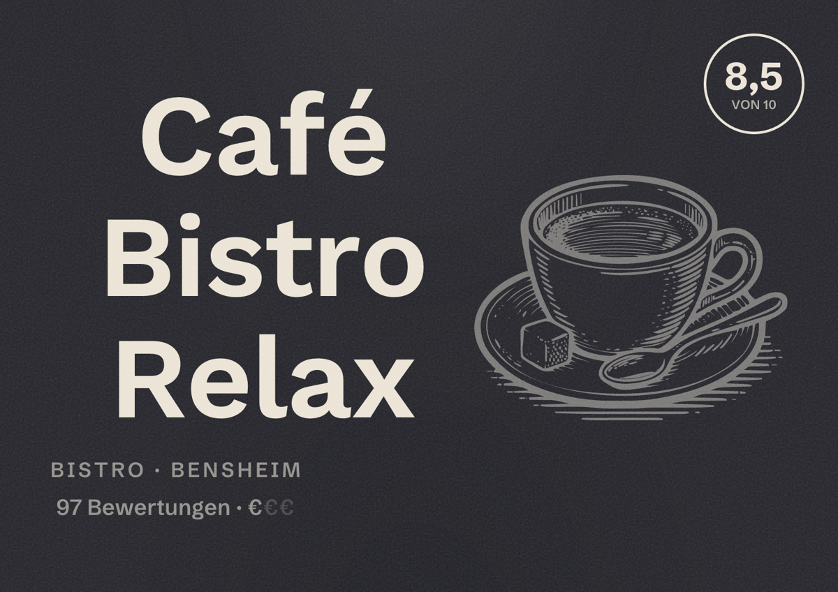 Illustriertes Poster von Café Bistro Relax, Bistro in Bensheim: Bewertung 8,5 von 10 aus 97 Bewertungen, Preisniveau €