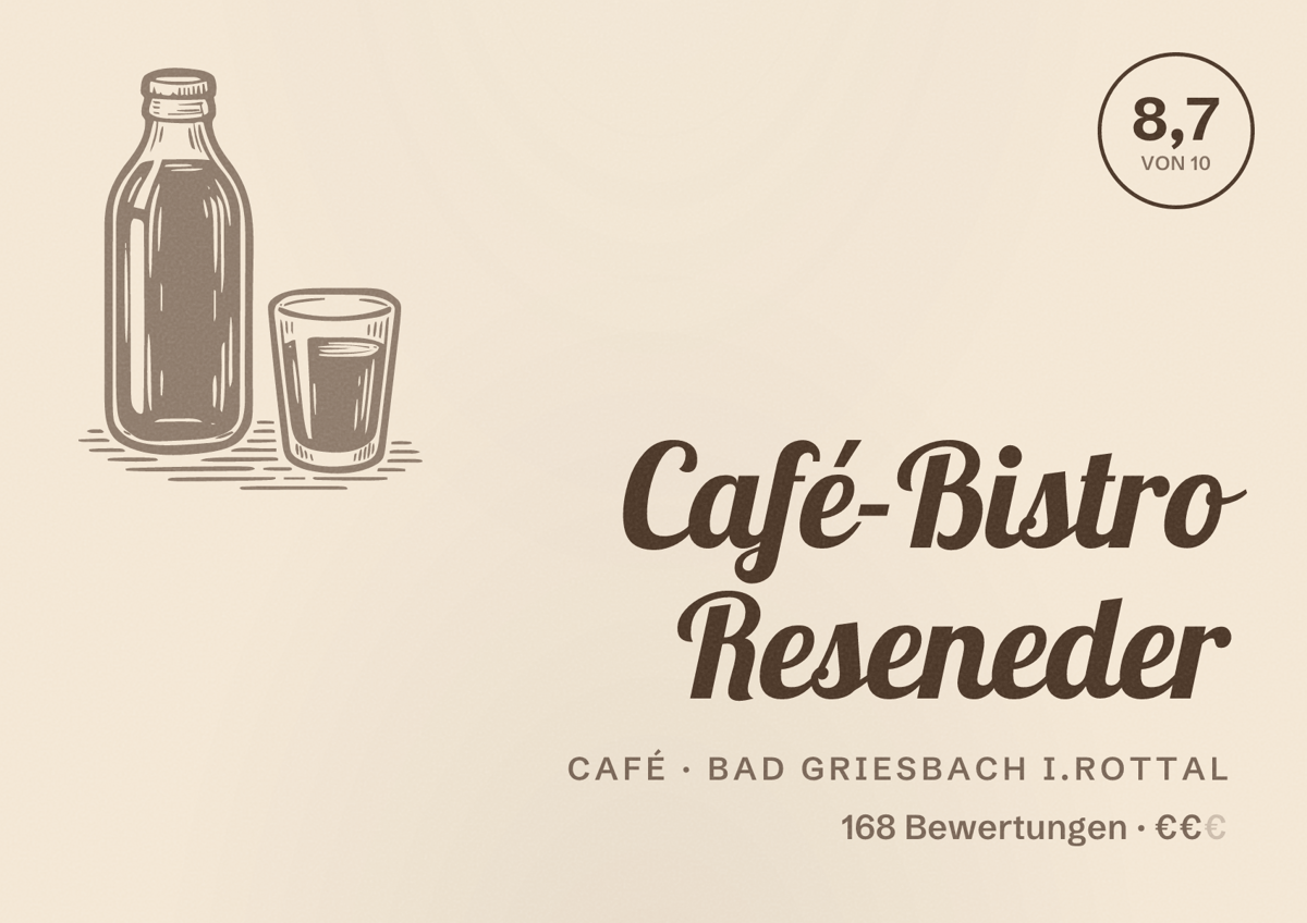 Illustriertes Poster von Café-Bistro Reseneder, Café in Bad Griesbach i.Rottal: Bewertung 8,7 von 10 aus 168 Bewertungen, Preisniveau €€