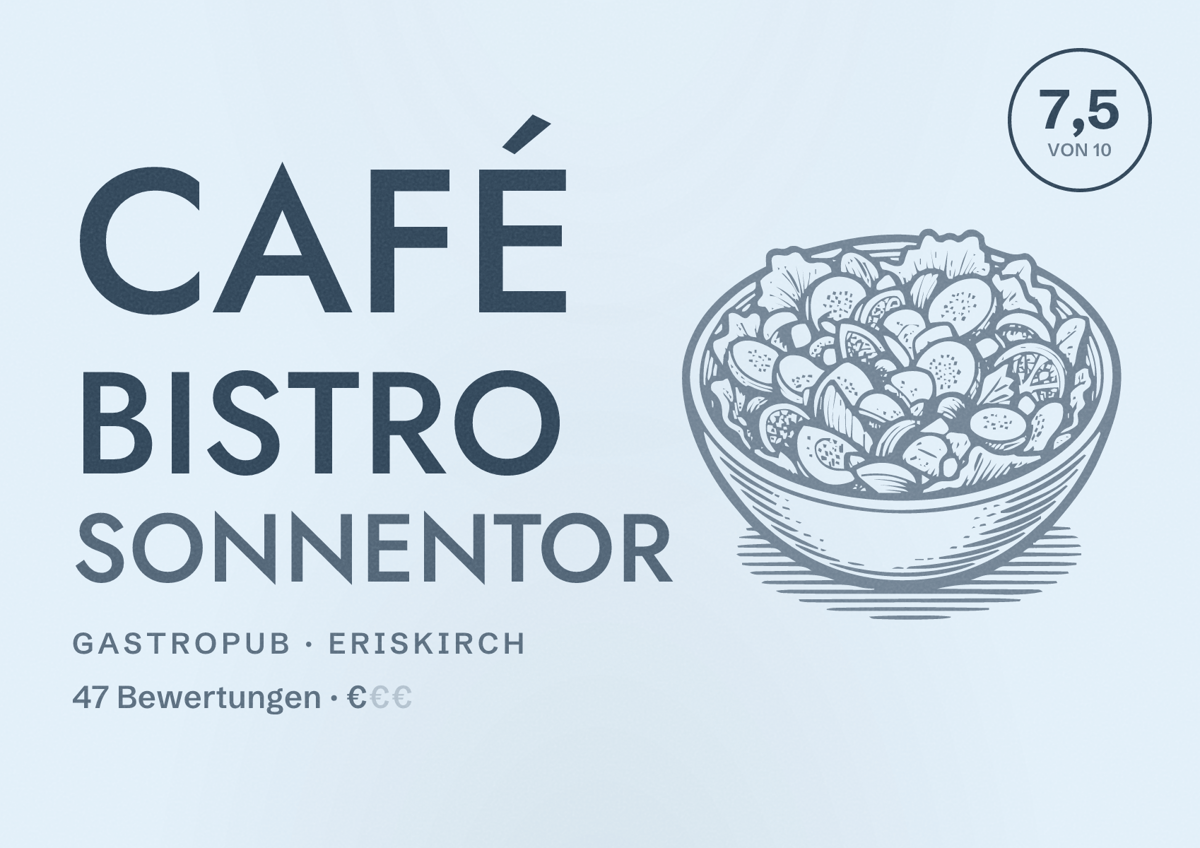 Illustriertes Poster von Café Bistro Sonnentor, Gastropub in Eriskirch: Bewertung 7,5 von 10 aus 47 Bewertungen, Preisniveau €