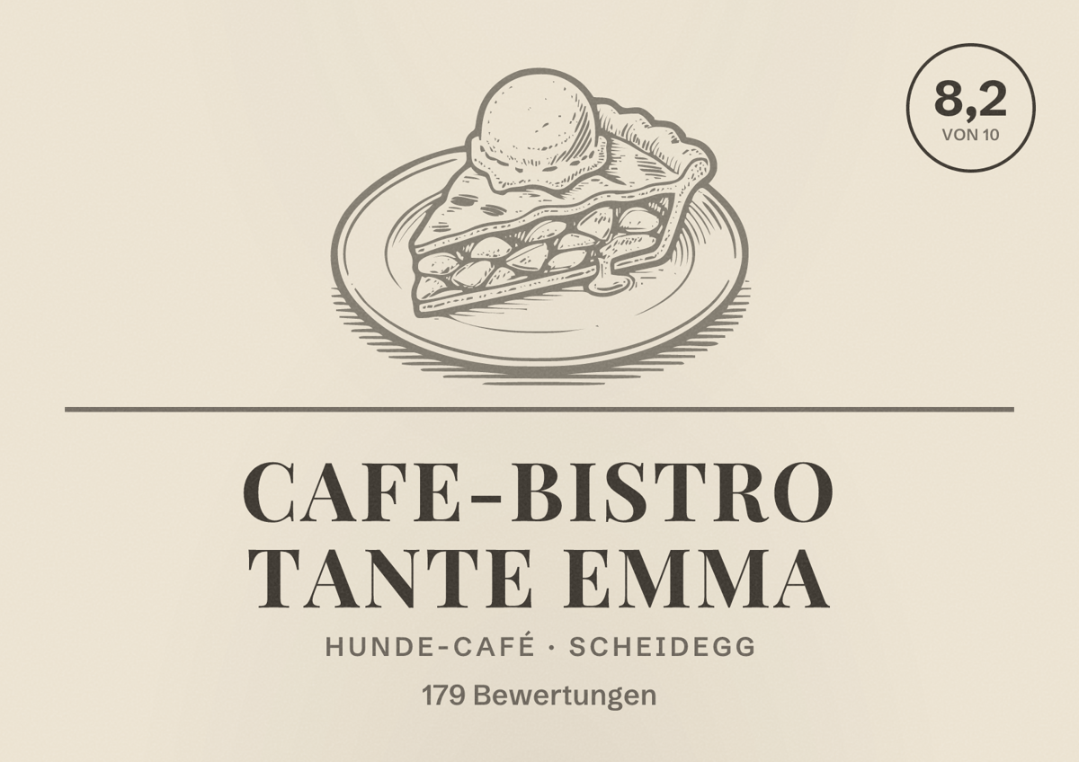 Illustriertes Poster von Cafe-Bistro Tante Emma, Hunde-Café in Scheidegg: Bewertung 8,2 von 10 aus 179 Bewertungen