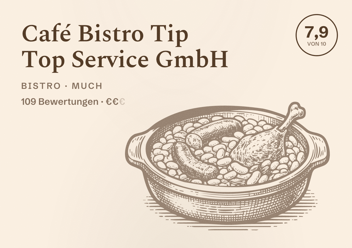 Illustriertes Poster von Café Bistro Tip Top Service GmbH, Bistro in Much: Bewertung 7,9 von 10 aus 109 Bewertungen, Preisniveau €€