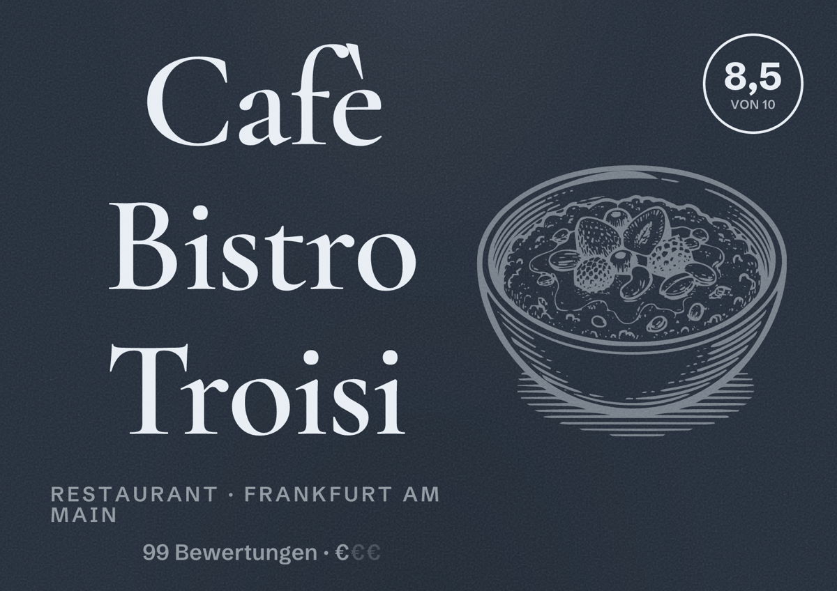 Illustriertes Poster von Cafè Bistro Troisi, Restaurant in Frankfurt am Main: Bewertung 8,5 von 10 aus 99 Bewertungen, Preisniveau €