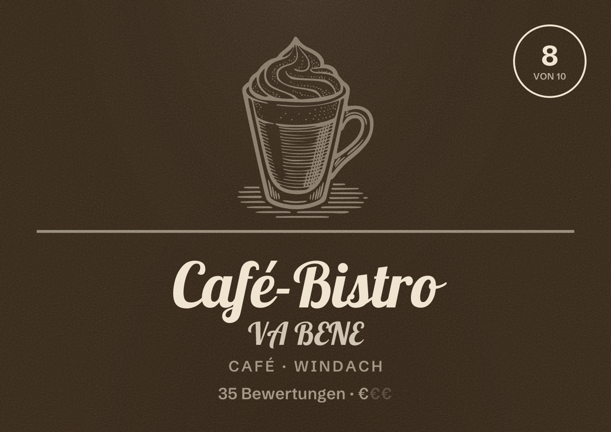 Illustriertes Poster von Café-Bistro VA BENE, Café in Windach: Bewertung 8 von 10 aus 35 Bewertungen, Preisniveau €