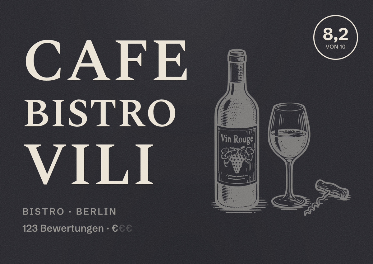 Illustriertes Poster von Cafe Bistro Vili, Bistro in Berlin: Bewertung 8,2 von 10 aus 123 Bewertungen, Preisniveau €