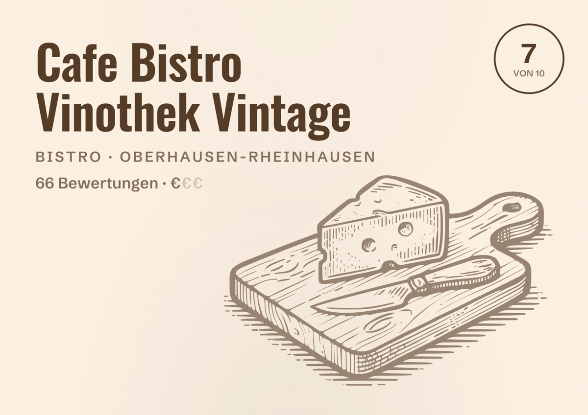Illustriertes Poster von Cafe Bistro Vinothek Vintage, Bistro in Oberhausen-Rheinhausen: Bewertung 7 von 10 aus 66 Bewertungen, Preisniveau €