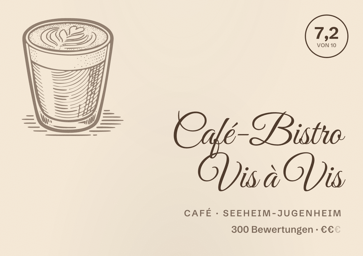 Illustriertes Poster von Café-Bistro Vis à Vis, Café in Seeheim-Jugenheim: Bewertung 7,2 von 10 aus 300 Bewertungen, Preisniveau €€