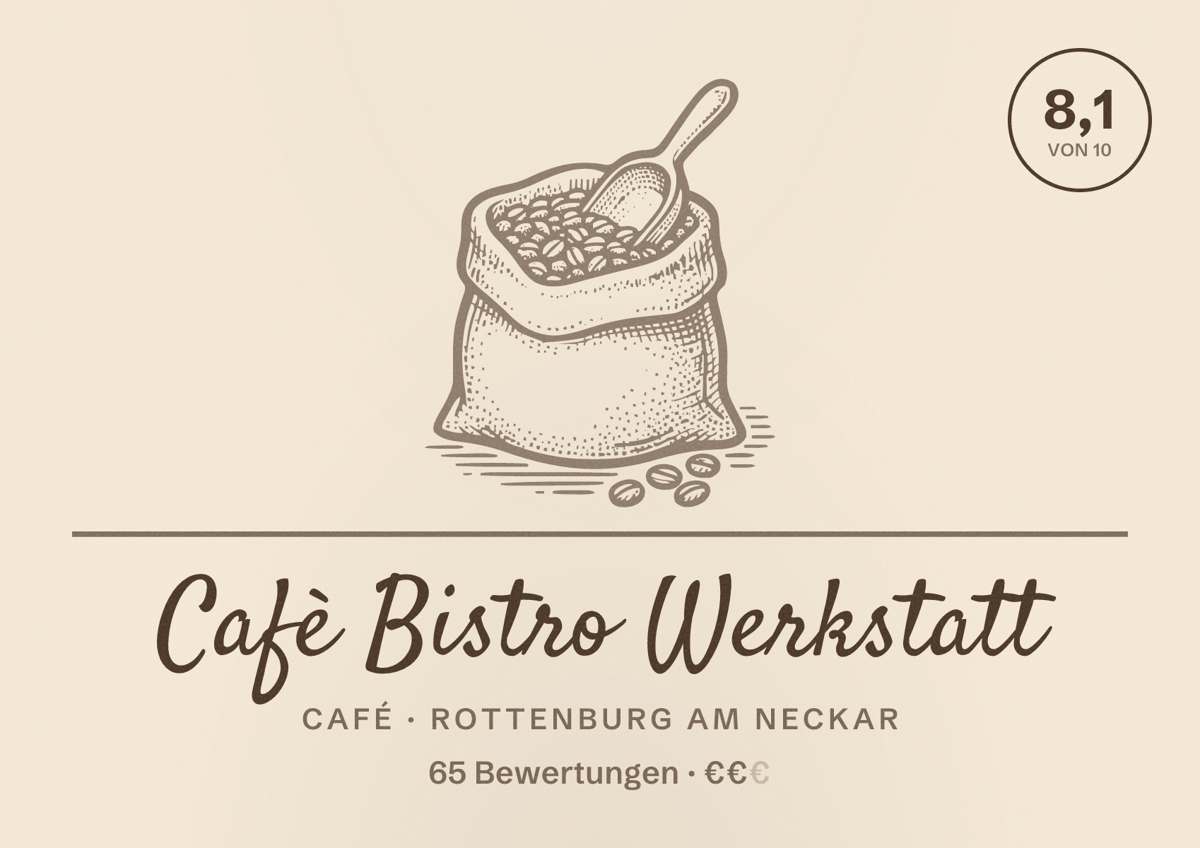 Illustriertes Poster von Cafè Bistro Werkstatt, Café in Rottenburg am Neckar: Bewertung 8,1 von 10 aus 65 Bewertungen, Preisniveau €€