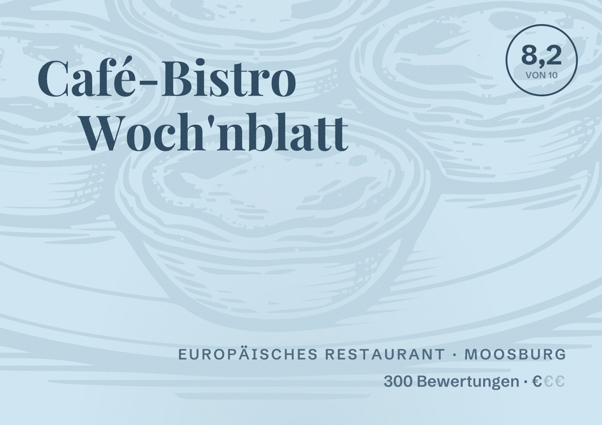 Illustriertes Poster von Café-Bistro Woch'nblatt, Europäisches Restaurant in Moosburg: Bewertung 8,2 von 10 aus 300 Bewertungen, Preisniveau €