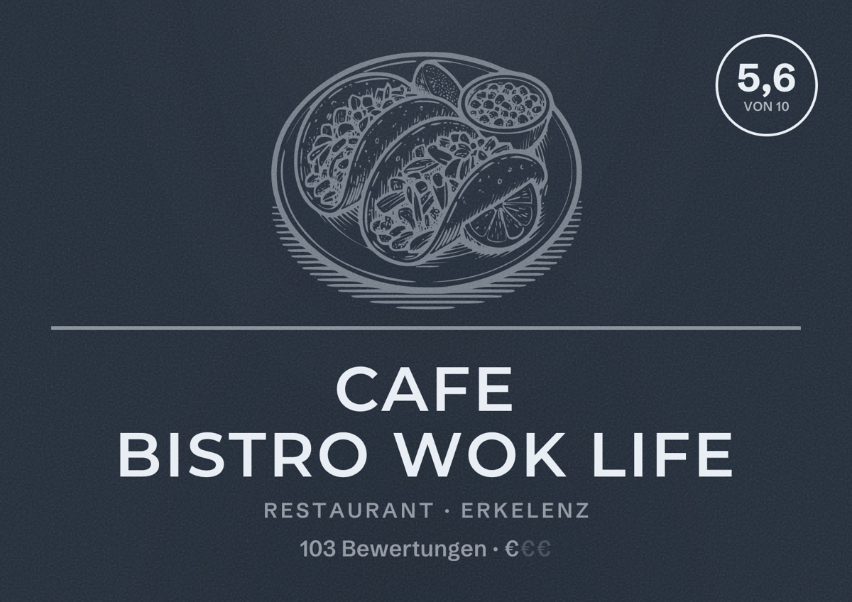 Illustriertes Poster von Cafe Bistro Wok Life, Restaurant in Erkelenz: Bewertung 5,6 von 10 aus 103 Bewertungen, Preisniveau €