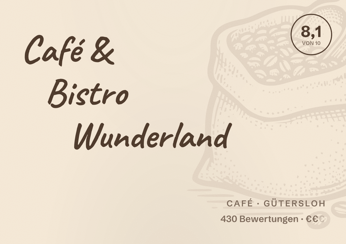 Illustriertes Poster von Café & Bistro Wunderland, Café in Gütersloh: Gästebewertung 8,1 von 10 aus 430 Bewertungen