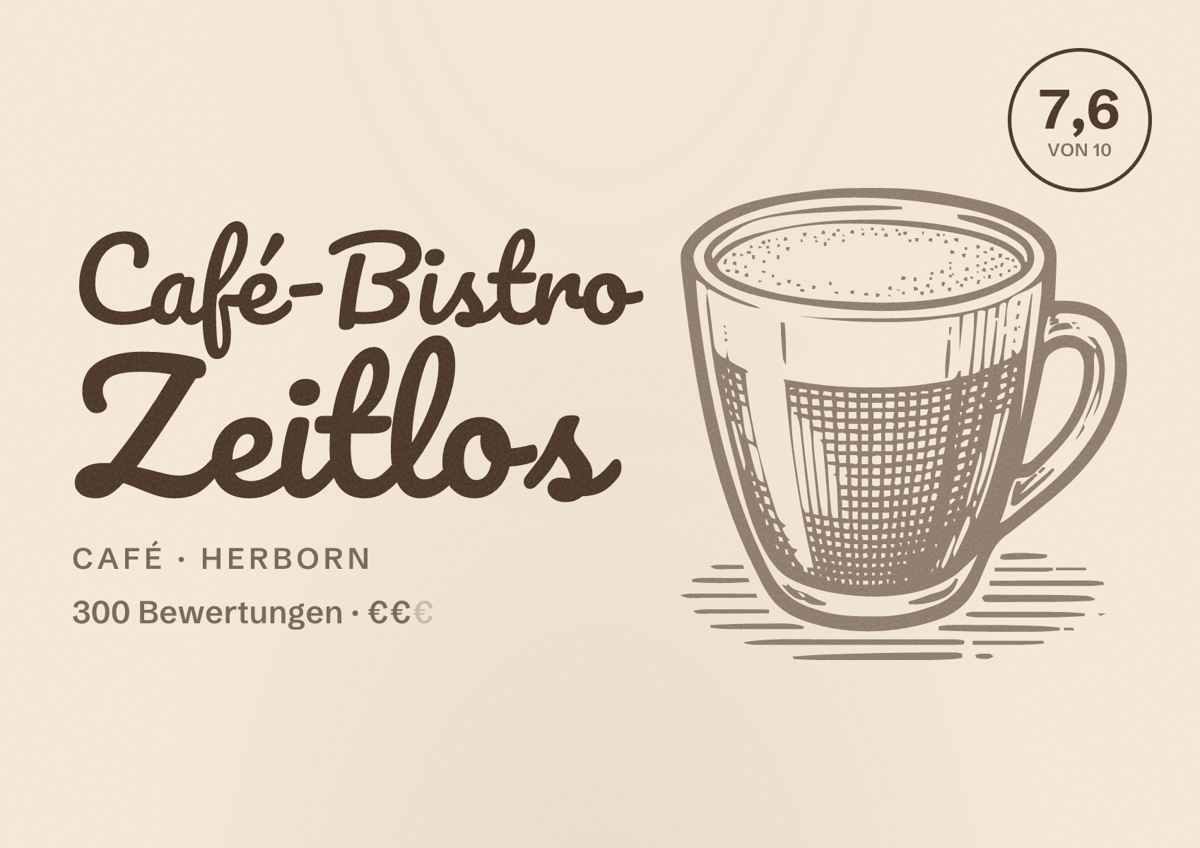Illustriertes Poster von Café-Bistro Zeitlos, Café in Herborn: Bewertung 7,6 von 10 aus 300 Bewertungen, Preisniveau €€