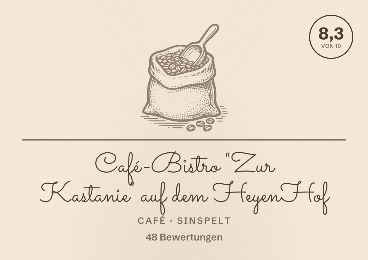 Illustriertes Poster von Café-Bistro "Zur Kastanie" auf dem HeyenHof, Café in Sinspelt: Bewertung 8,3 von 10 aus 48 Bewertungen