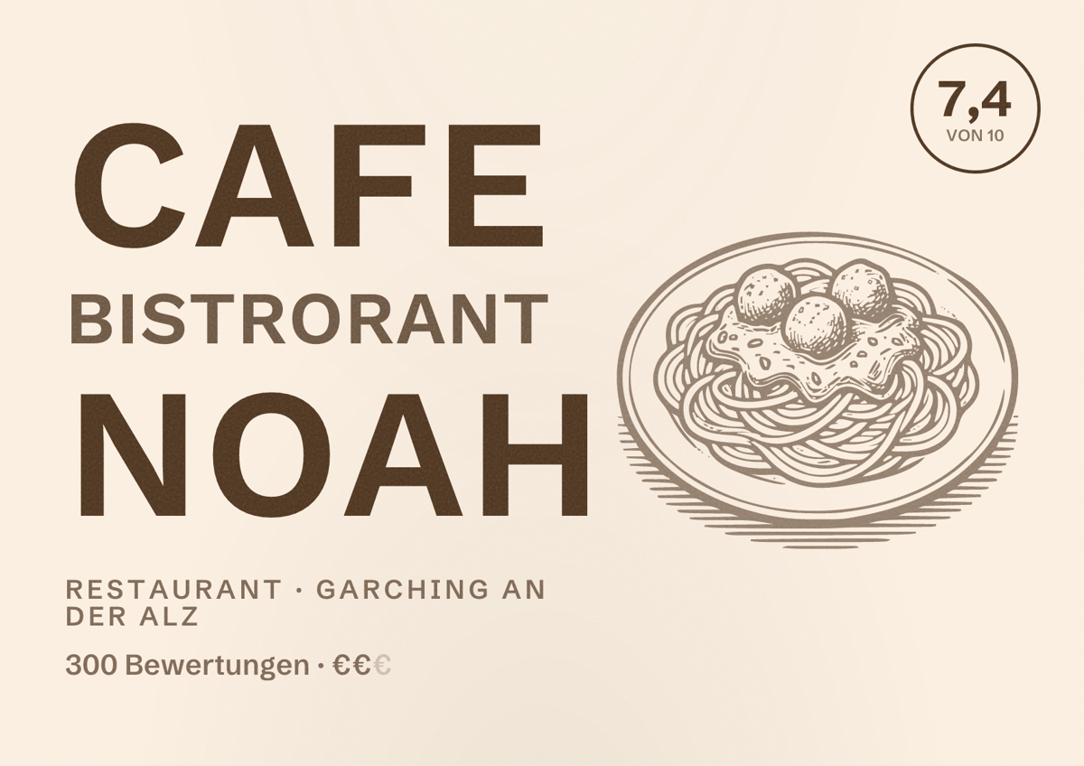 Illustriertes Poster von Cafe Bistrorant Noah, Restaurant in Garching an der Alz: Bewertung 7,4 von 10 aus 300 Bewertungen, Preisniveau €€
