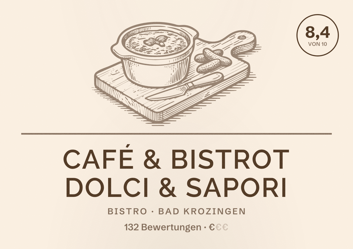 Illustriertes Poster von Café & Bistrot Dolci & Sapori, Bistro in Bad Krozingen: Bewertung 8,4 von 10 aus 132 Bewertungen, Preisniveau €