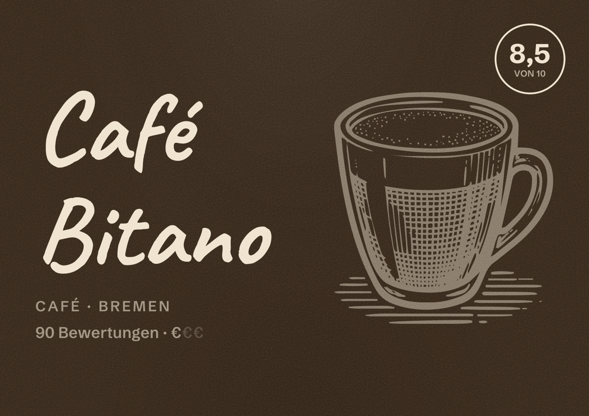 Illustriertes Poster von Café Bitano, Café in Bremen: Bewertung 8,5 von 10 aus 90 Bewertungen, Preisniveau €