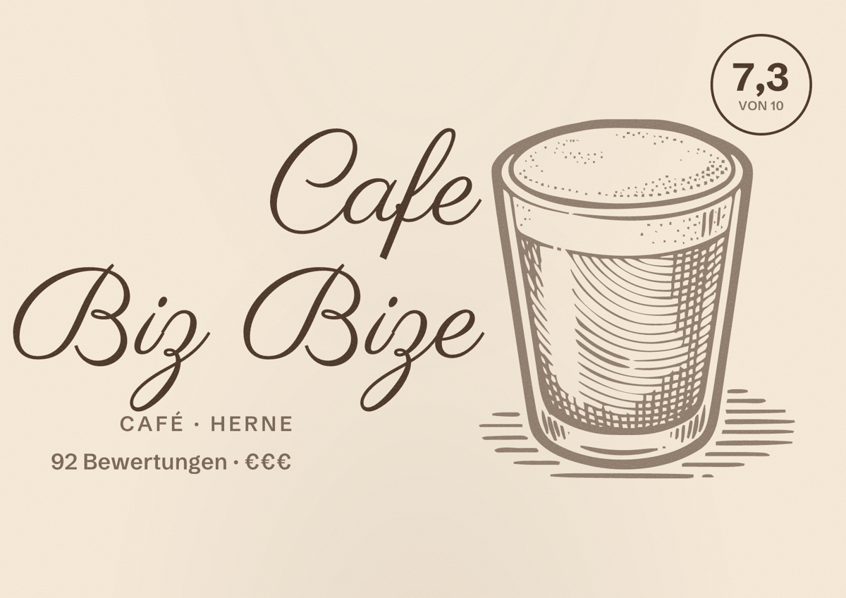 Illustriertes Poster von Cafe Biz Bize, Café in Herne: Bewertung 7,3 von 10 aus 92 Bewertungen, Preisniveau €€€