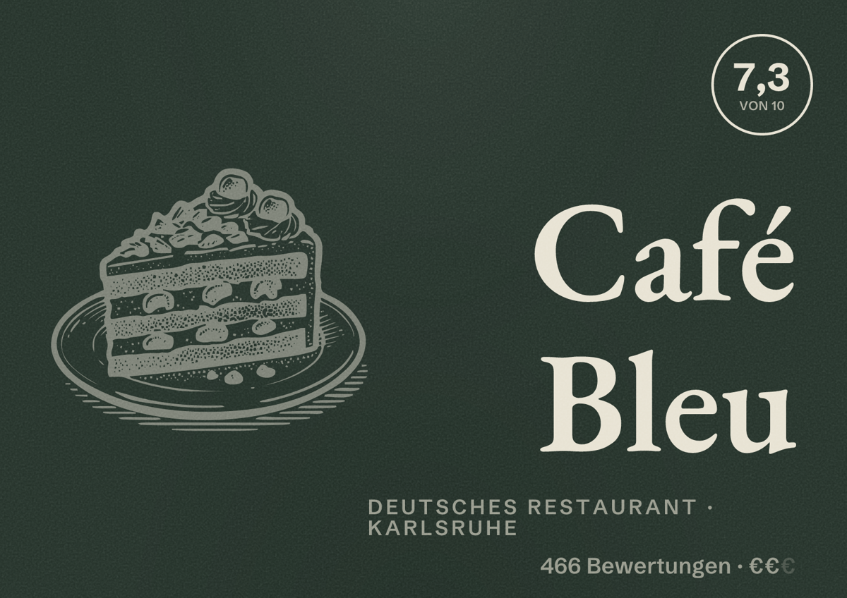 Illustriertes Poster von Café Bleu, Deutsches Restaurant in Karlsruhe: Bewertung 7,3 von 10 aus 466 Bewertungen, Preisniveau €€