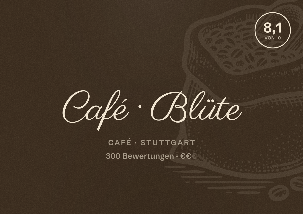 Illustriertes Poster von Café Blüte, Café in Stuttgart: Bewertung 8,1 von 10 aus 300 Bewertungen, Preisniveau €€