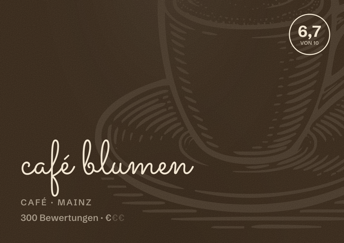 Illustriertes Poster von café blumen, Café in Mainz: Bewertung 6,7 von 10 aus 300 Bewertungen, Preisniveau €