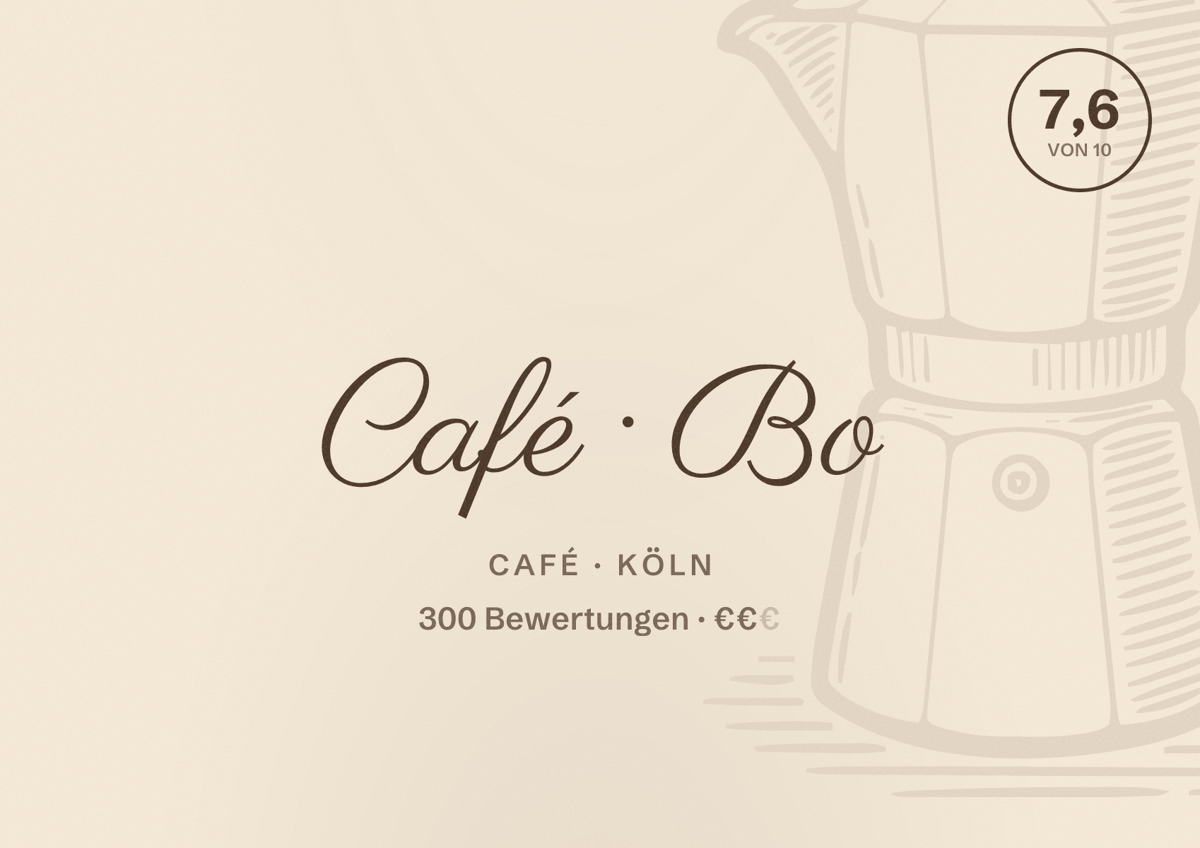 Illustriertes Poster von Café Bo, Café in Köln: Bewertung 7,6 von 10 aus 300 Bewertungen, Preisniveau €€