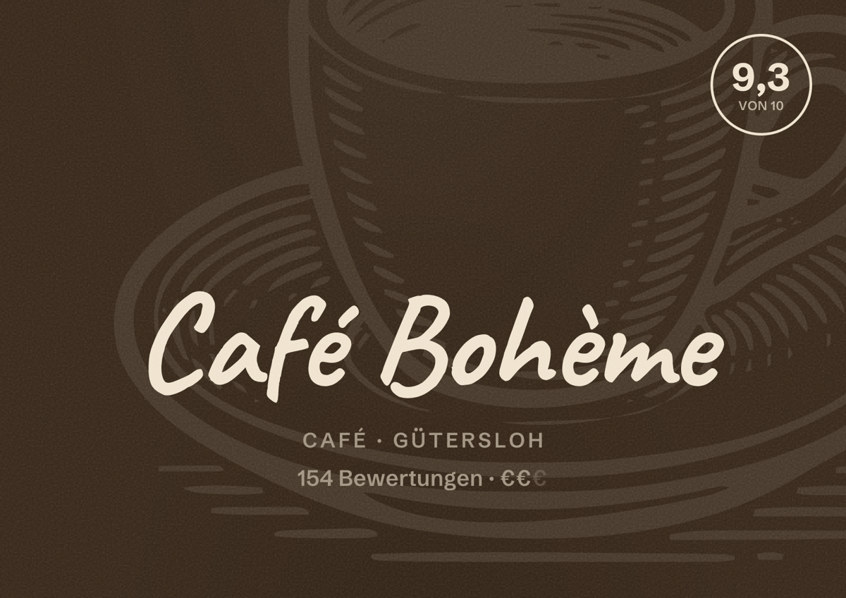 Illustriertes Poster von Café Bohème, Café in Gütersloh: Bewertung 9,3 von 10 aus 154 Bewertungen, Preisniveau €€